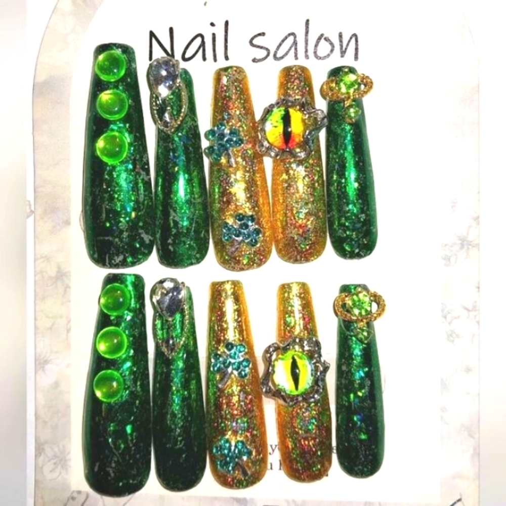 Hand Crafted St Patty Green and Gold Glitter Nail Set with Gem Accents Sz LARGE